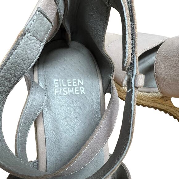 Eileen Fisher Wali Espadrille Sandal Size 7 1/2 Taupe Strappy Wedge Leather - Picture 7 of 8
